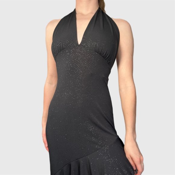 Vintage Y2K Halter Dress, 00s Black Sparkly Sexy Asymmetrical Formal Dress - Picture 6 of 10